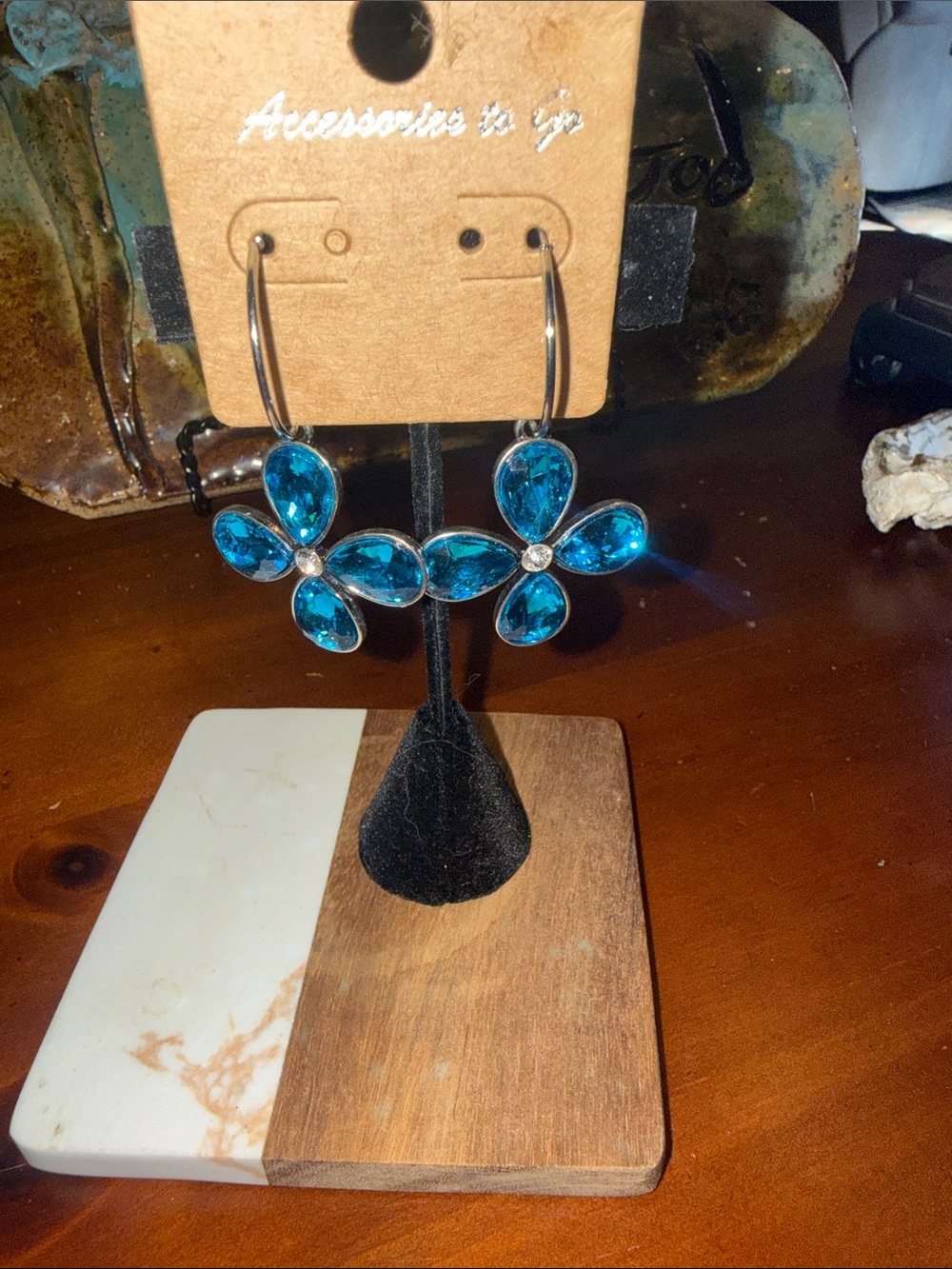Teardrop Blue Flower Hoop Earrings by